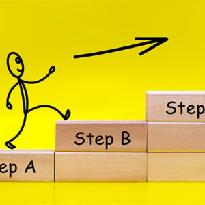 Figure of a little man running to by stacked in the form of a ladder wooden blocks with words Step A, Step B, Step C. Business and Performance Concept.